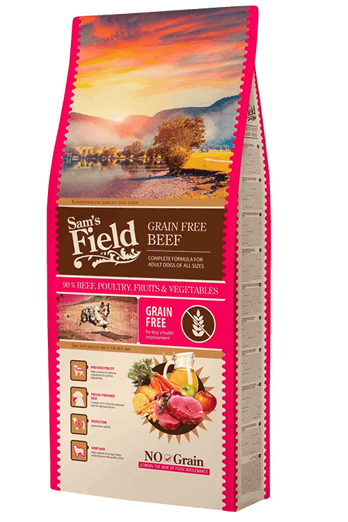 Sam's Field Grain Free Angus Beef 13 kg – kornfrit tørfoder med oksekød til hunde, posens forside