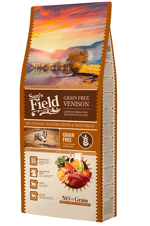 Sam's Field Grain Free Venison 13 kg – kornfrit tørfoder med hjort til hunde, posens forside