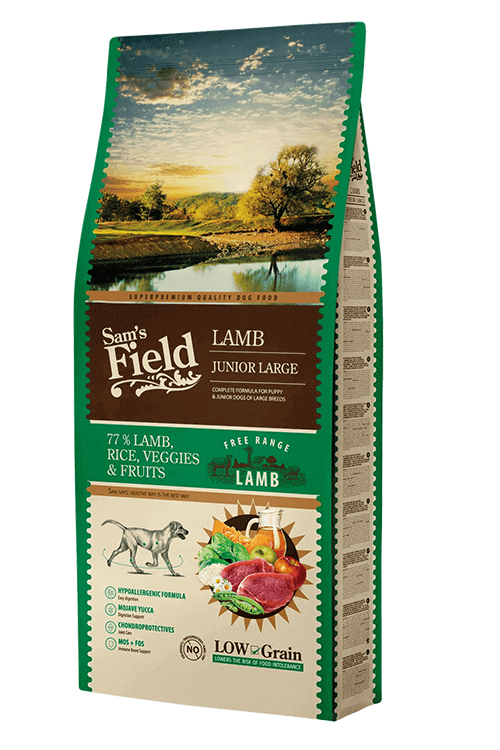 Sam's Field Junior Large Lamb 13 kg – tørfoder med lam til store hvalpe og unghunde, posens forside