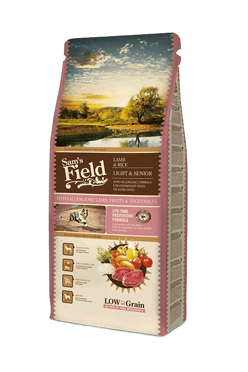 Sam's Field Light & Senior 13 kg – posens forside, tørfoder med lam og ris til ældre hunde
