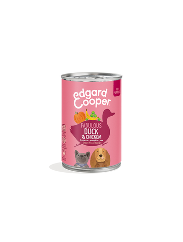 Edgard & Cooper Puppy vådfoder And og Kylling til hvalpe, 400 g dåse set forfra